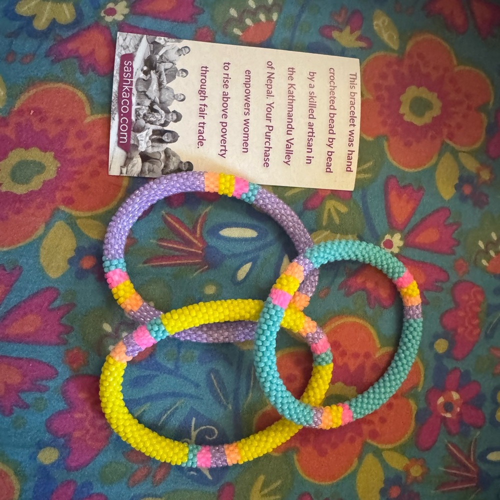 Handcrafted Beaded Bracelets Set - Purple, Yellow, Blue